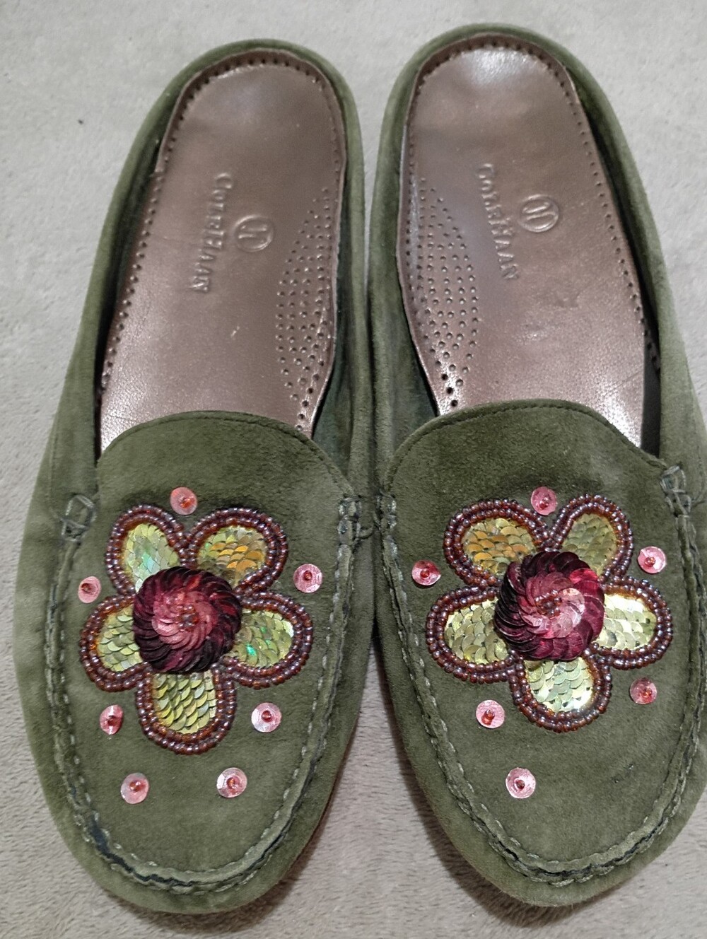 Suede Olive Green Embellished Slip-On Loafers - Women